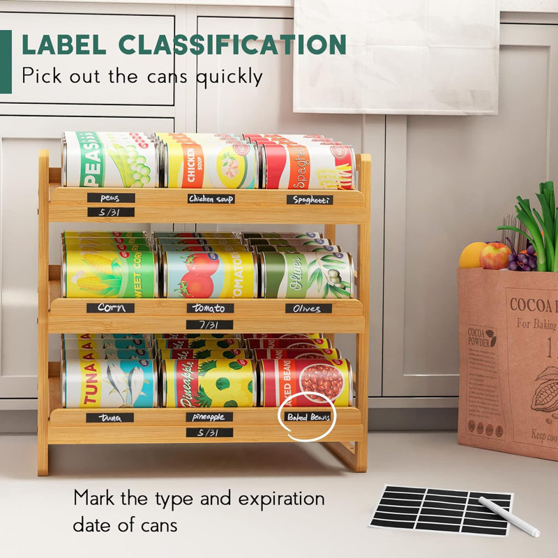 3 Tier Stackable Can Storage Organizer Pantry With Label Sticker And Marker Pen, Can Holders For Cabinet And Can Rack Organizer  Natural Bamboo