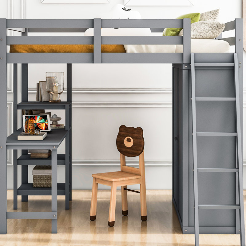 Lit mezzanine double gris avec garde-robe et tablettes de bureau, Gris