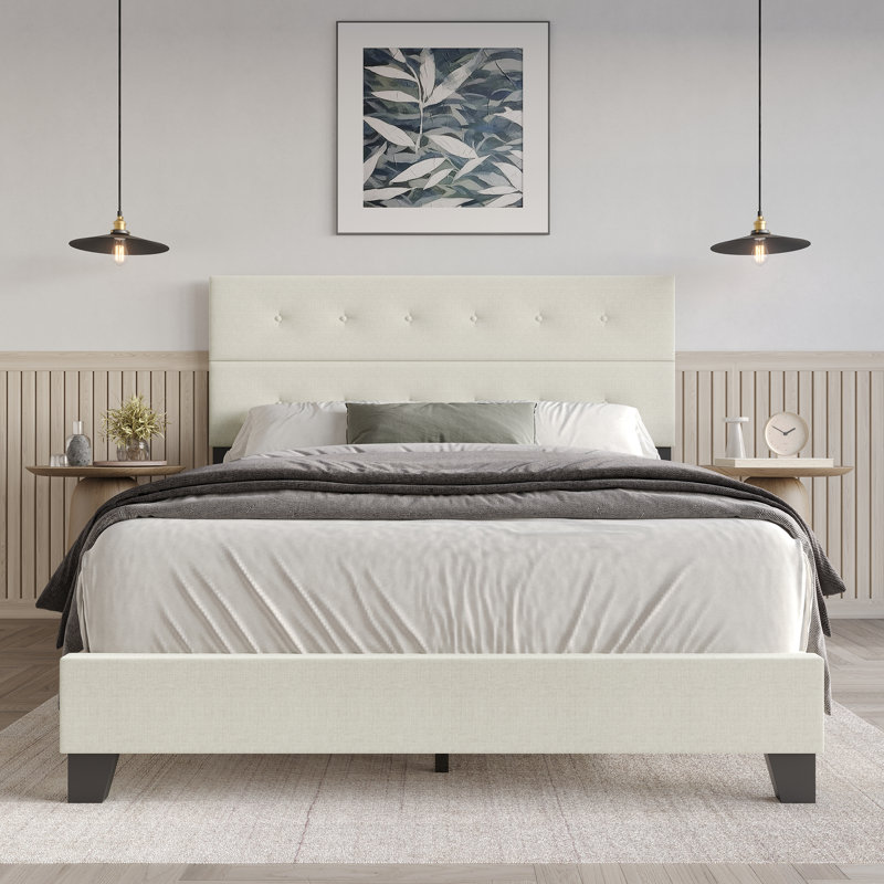 Lit tapissier standard non fini Sherlyne, Beige, Grand