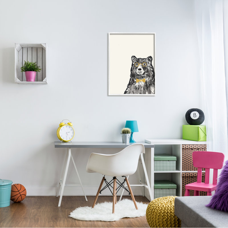 Ours, lunettes, nœud papillon, art animalier pour enfants, H 30 po x l 24 po x P 1,5 po, Giclée encadrée blanc bord de mer