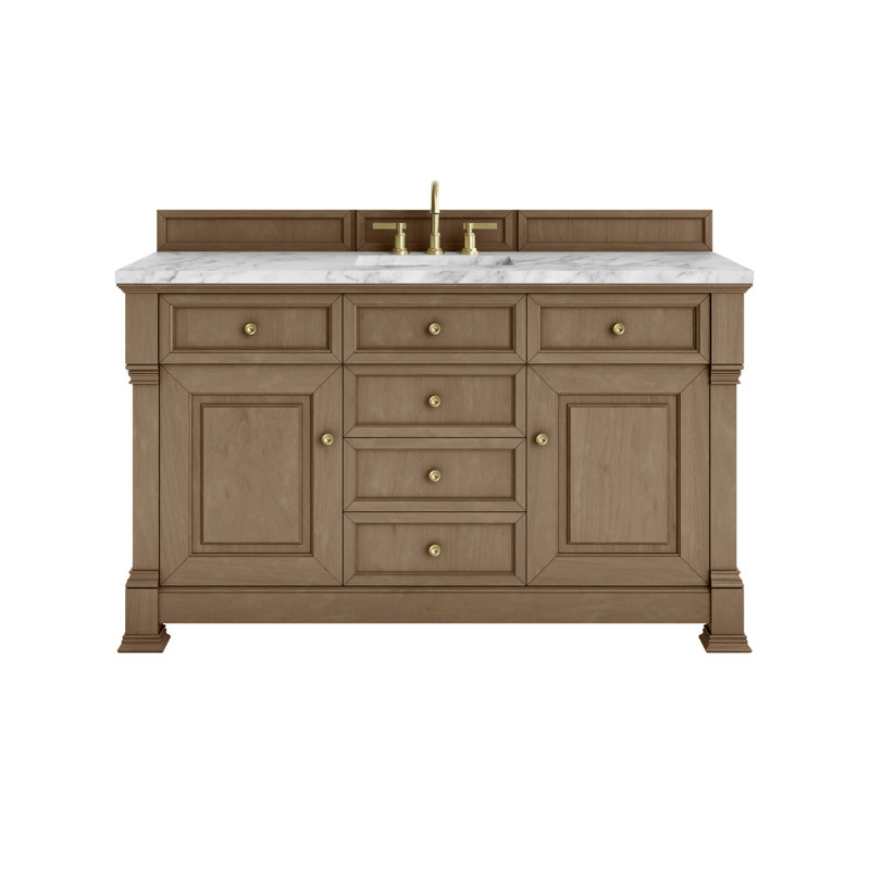 Meuble-lavabo simple l 60 po Brookfield, Blanc de Carrare, Pacanier, À entraxe