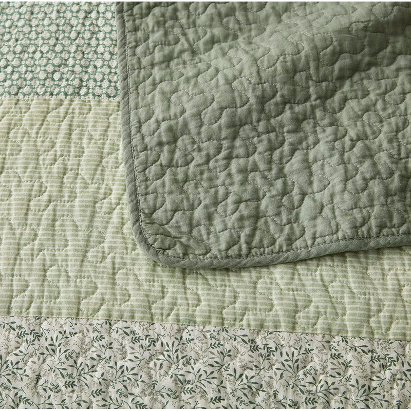 King Size Gray and Green Cotton Reversible Quilt Set