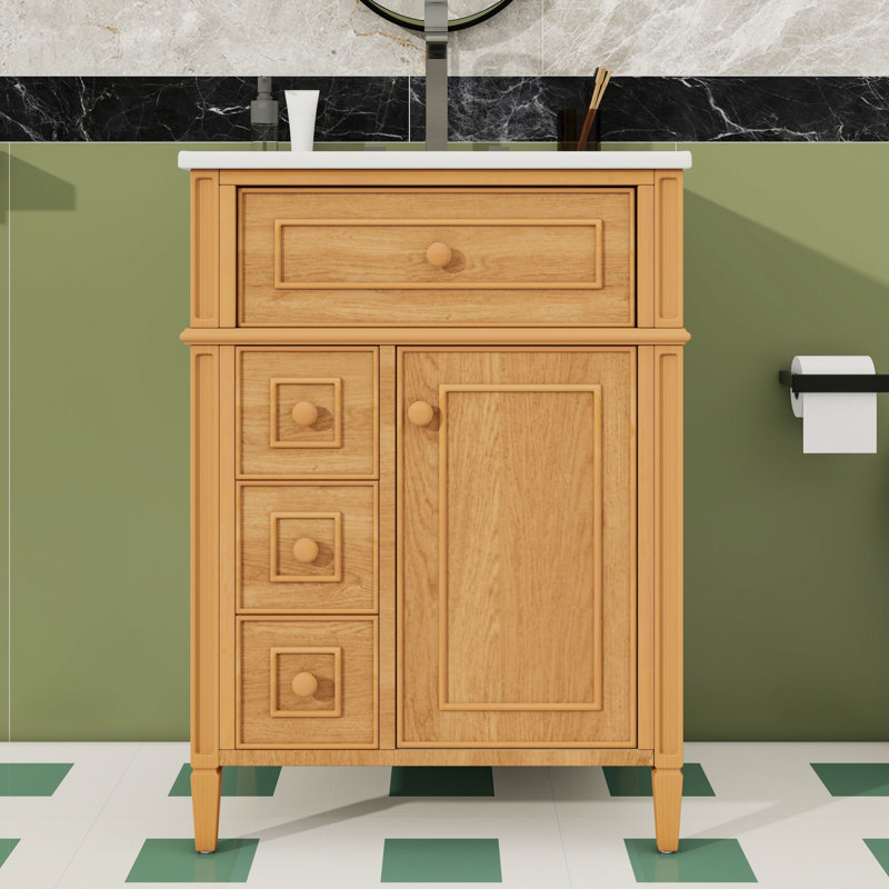 Meuble-lavabo autoportant avec lavabo en céramique, tiroir escamotable et tiroirs et porte à fermeture en douceur