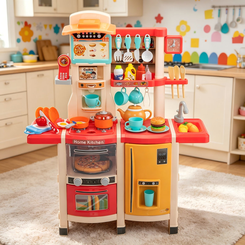 Large Pretend Play Kitchen Set for Kids 3+, Realistic Lights & Sounds Cooking Playset with Play Phone, Clock, and 65 Pcs Accessories