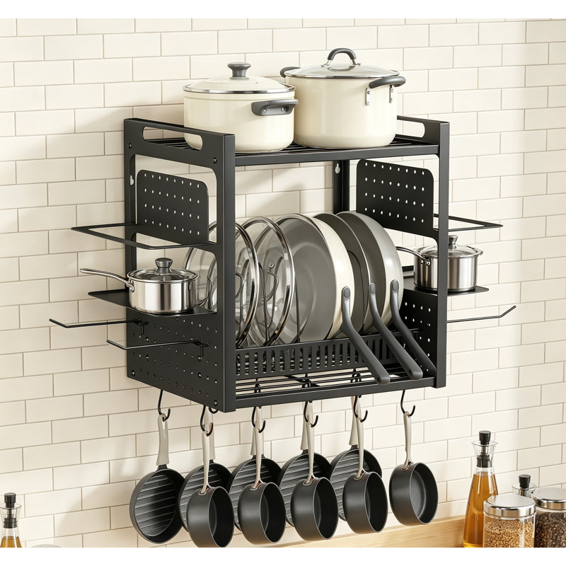 Rangement mural pour casseroles et poêles à 2 niveaux avec 10 crochets pour batterie de cuisine et ustensiles, noir