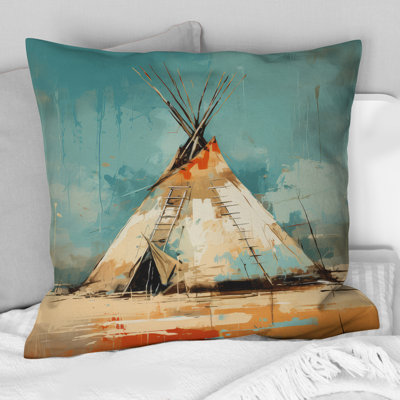 Turquoise Beige Native Tipi Whispers Of Spirit - Native American Art Printed Pillow