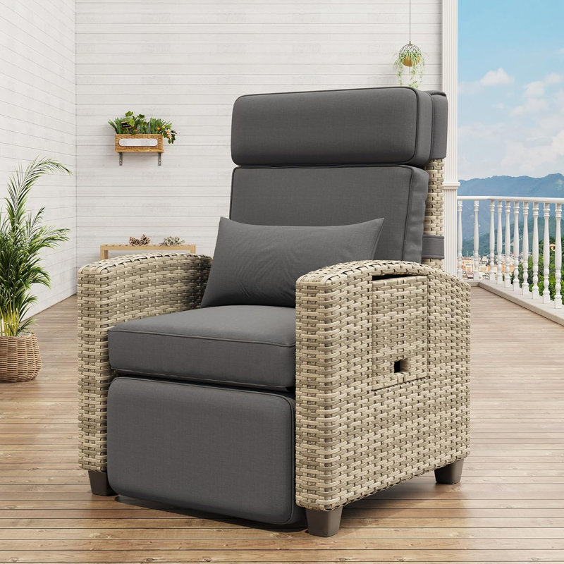 Rattan Outdoor Recliner Chair with Independent Adjustable Backrest and Footrest, Reclining Patio Chairs with Air Pump 150° Lay Flat, Patio Recliner with Flip-Up Table and Removable Cushion