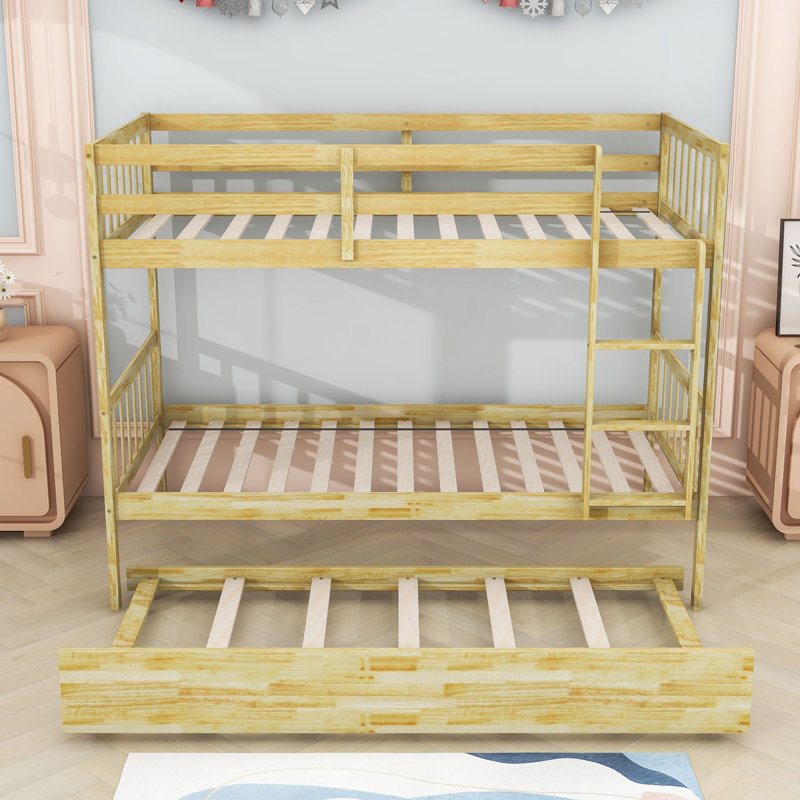 Kelula Twin Over Twin Wood Bunk Bed With Trundle And Safety Guardrails, Natural