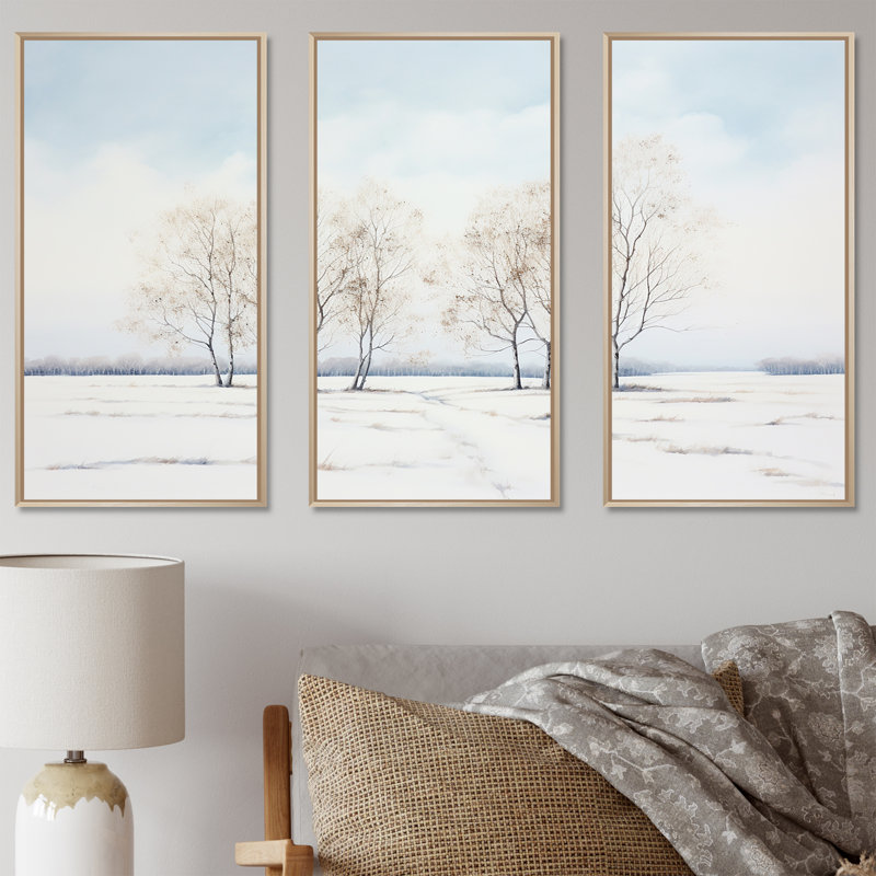 Snow Winter Minimalism Landscape - Snow Canvas Wall Art Set, Natural Floater Framed, 32" H x 48" W x 1" D