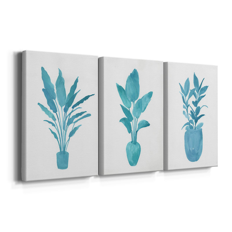 Watercolor House Plant I - Toile tendue avec châssis sur mesure - 3 pièces, H 27 po x l 54 po