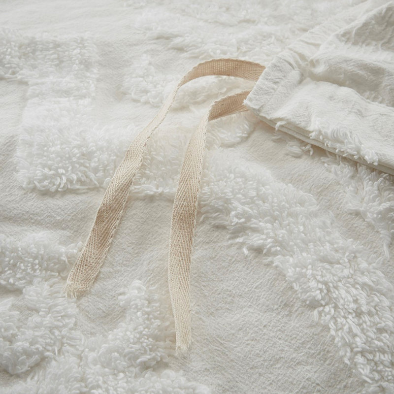 Housse de couette 3 pièces en chenille de coton blanche pour lit double / grand, avec boutons et attaches, Blanc cassé