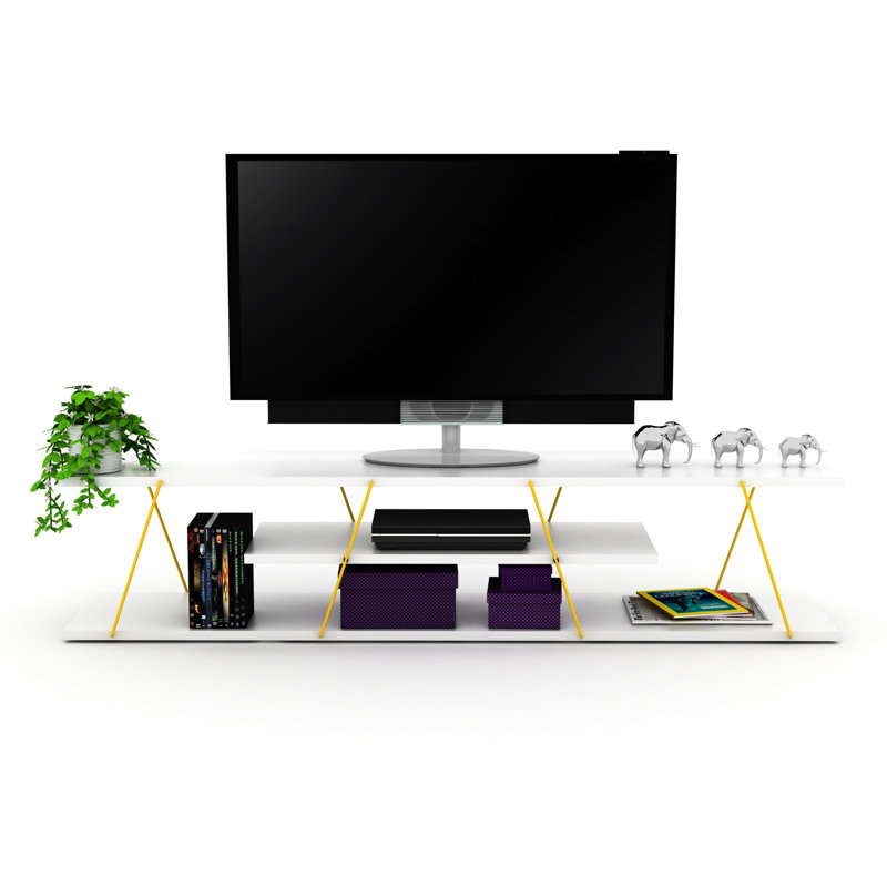 Meuble télé blanc de style moderne Mid-Century de 56 po avec 4 tablettes ouvertes