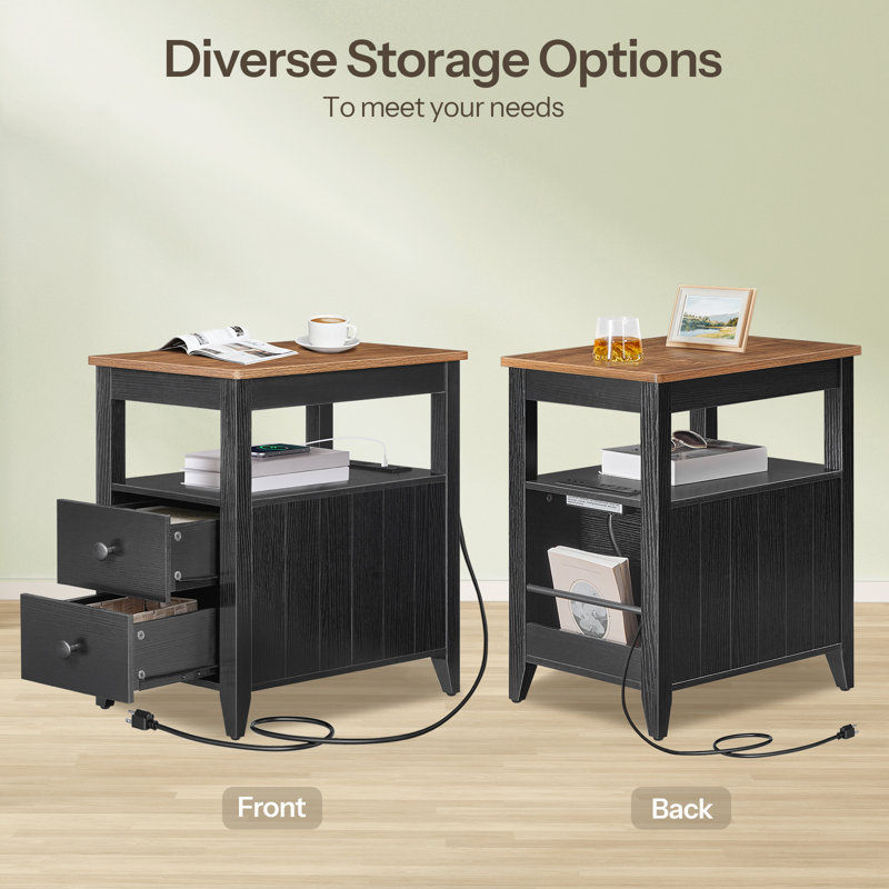 Tacito 23.6'' Tall 2-Drawer End Table with Storage and Charging Station, Black