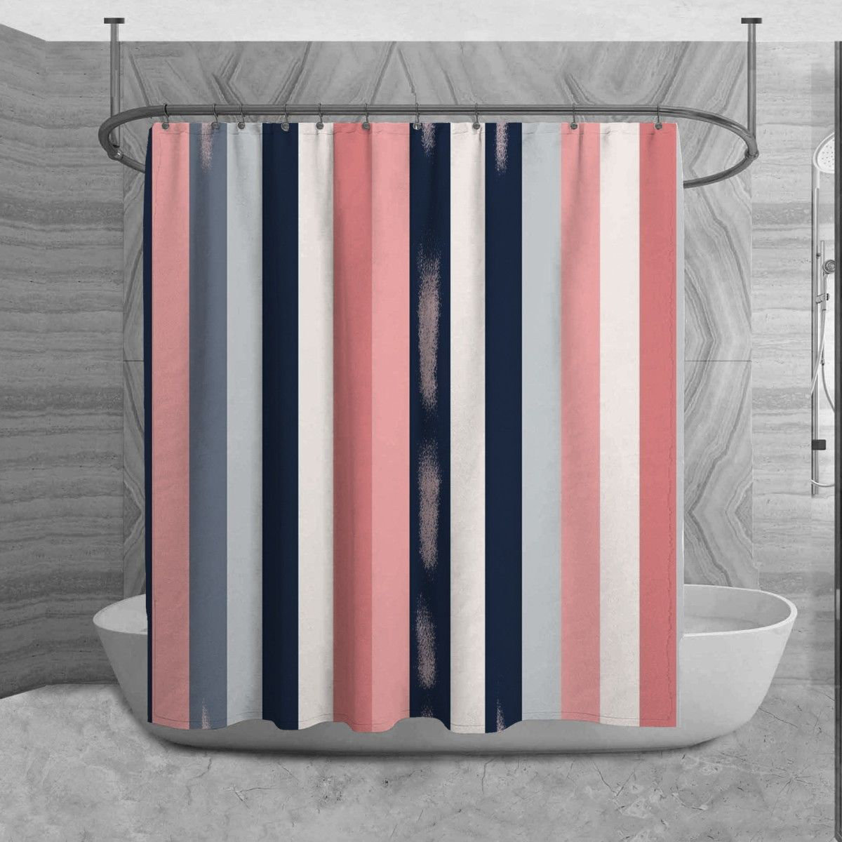 East Urban Home Vertical Stripes Shower Curtain Striped Bath Mat Navy