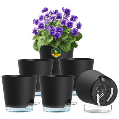 6 Inch Self Watering Pots For Indoor Outdoor Plants, 6 Pack Flower Plant Pots With Drainage Holes And Clear Reservoirs, Visible Water Level, Plastic Planters With Wicking Rope, Black