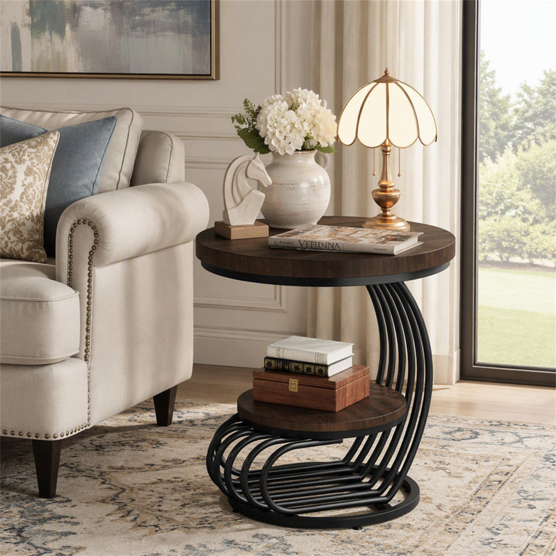 Table de bout ronde, table d'appoint 2 niveaux, Rustic Brown / Black, Rustic Brown, Black