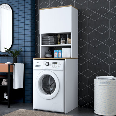 Stylish Washing Machine Cabinet, White & Walnut, 25.6 x 72.4 x 23.6 inches | 100% Melamine Coated Particle Board, Thickness: 0.7 inches | Includes Bookshelf (25.6 x 36.1 x 11.8 inches), Wall-Mountable, Modern Design for Extra Storage