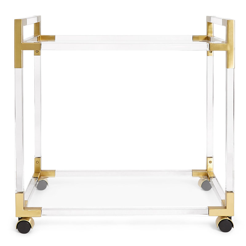 Handcrafted Jacques Acrylic and Brass Bar Cart with Glass Shelves