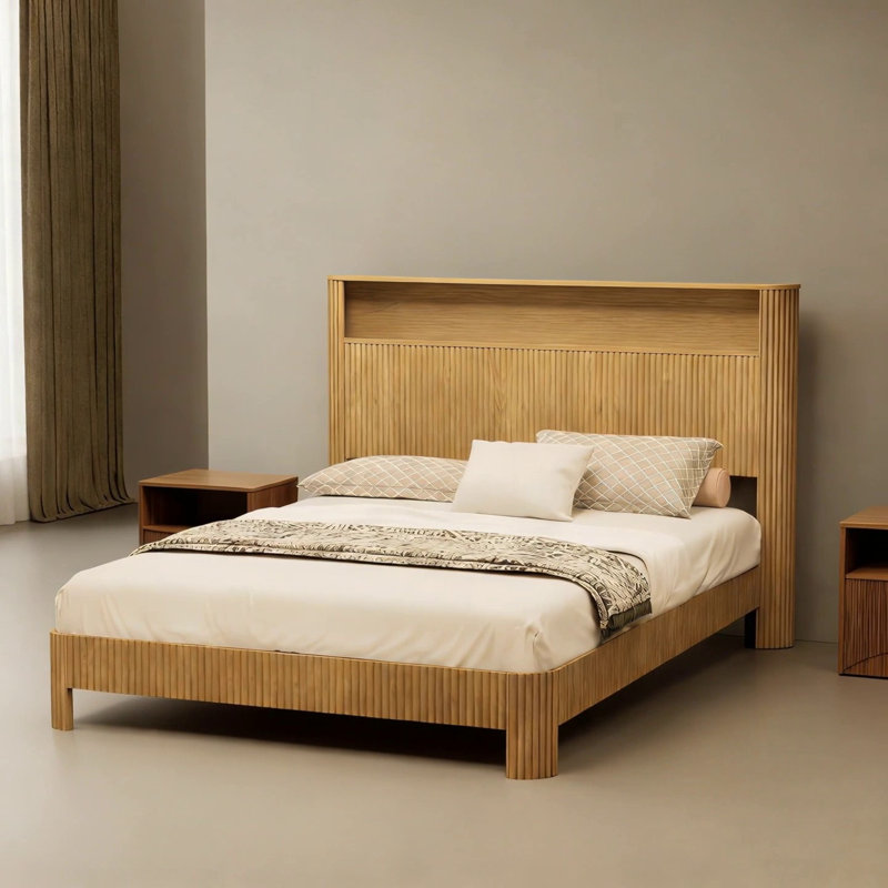 Queen Size Bed Frame With Storage Headboard, Built-In Charging Station, Wavy Curved Lines, Silent Operation, Metal Support