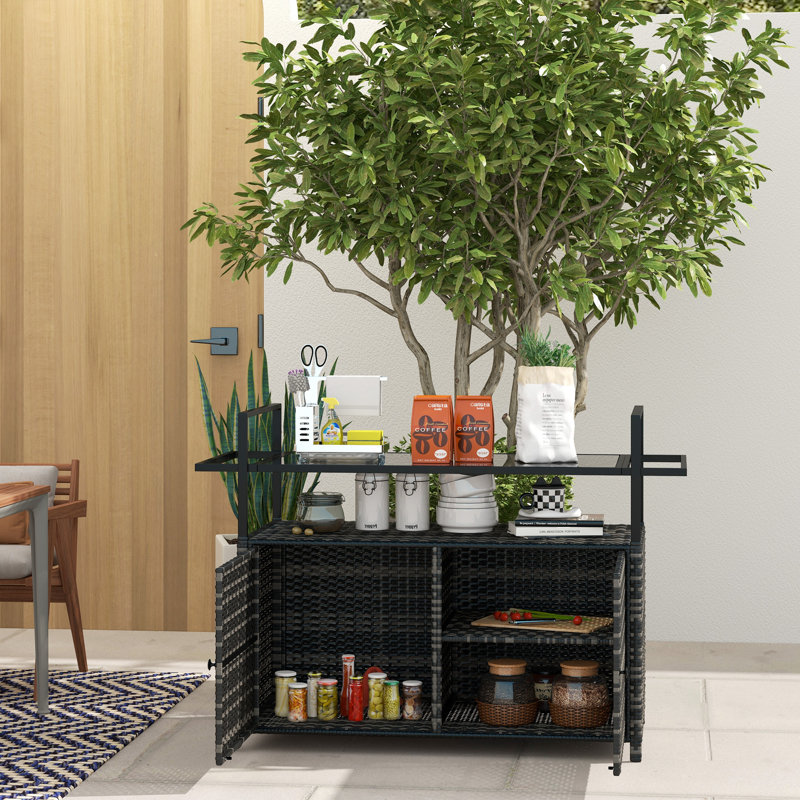 Outsunny PE Rattan Outdoor Storage Cabinet, Wicker Outdoor Bar Table Kitchen Island with Wheels & 2-Tier Shelf, Patio Serving Cart with Glass Top, Handles, Towel Racks for Poolside, Mixed Gray