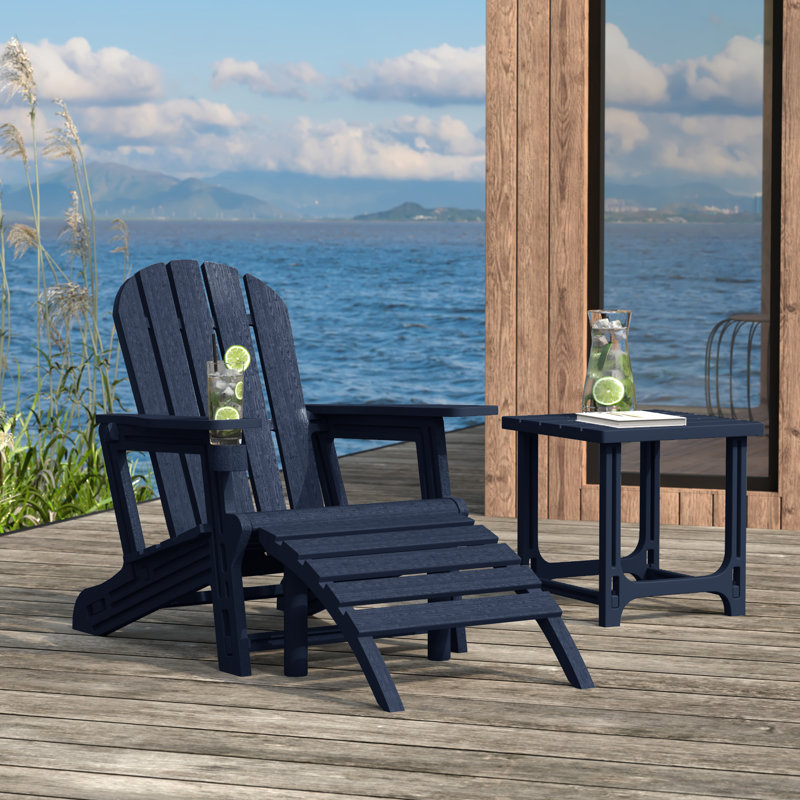 Outdoor Poly 3-Piece Set Adirondack Chair With Ottoman And Side Table, Navy