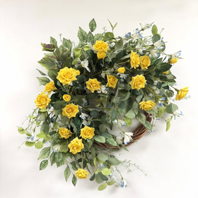 24" Artificial Farmhouse Half Ring Spring Summer Mixed Greenery Foliage Rose Floral Wreath For Front Door