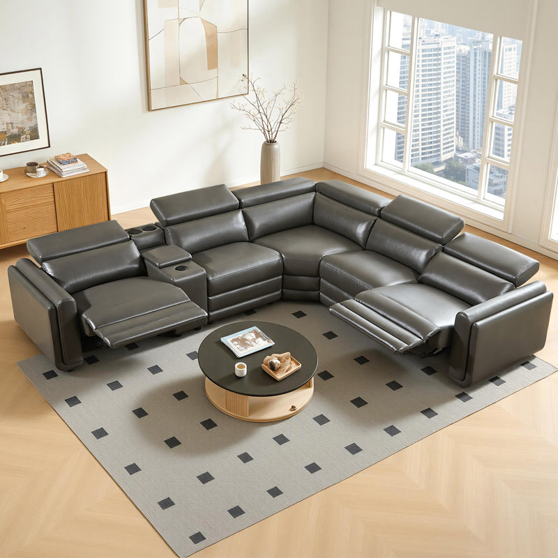 Très grand canapé modulaire inclinable électrique double à 5 places avec console / porte-gobelets, haut-parleurs Bluetooth et rangement, revêtement Leathaire, gris foncé