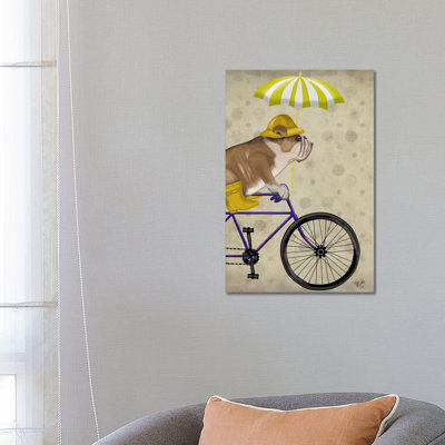 English Bulldog On Bicycle by Fab Funky - Wrapped Canvas Print