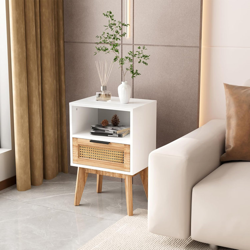 Nightstand, Boho Side Table with Drawer Open Shelf