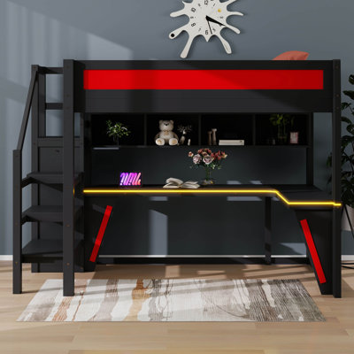 Lit mezzanine en bois avec bureau et garde-robe, tablettes, DEL et USB intégré pour adultes, adolescents
