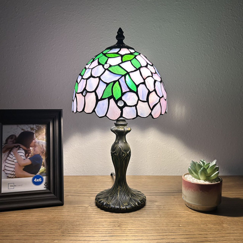 Garmond Tiffany Mini Table Lamp Stained Glass Green Leaves 8"W*8"D*15"H, Purple 