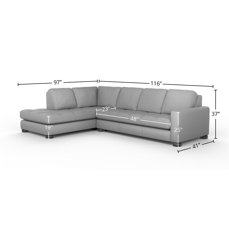 Brooklyn 100% Full Top Grain Leather Sectional, Left Hand Facing, Fantasy Silver Genuine Leather