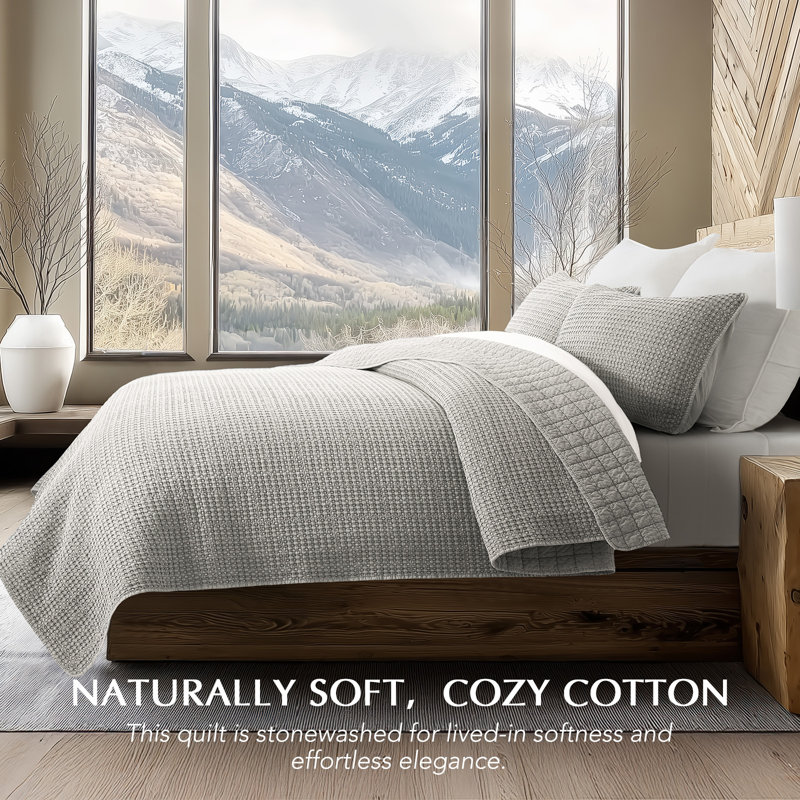 Stonewashed 100% Natural Cotton Waffle Quilt Set, Queen Quilt + 2 Standard Shams, Misty Gray