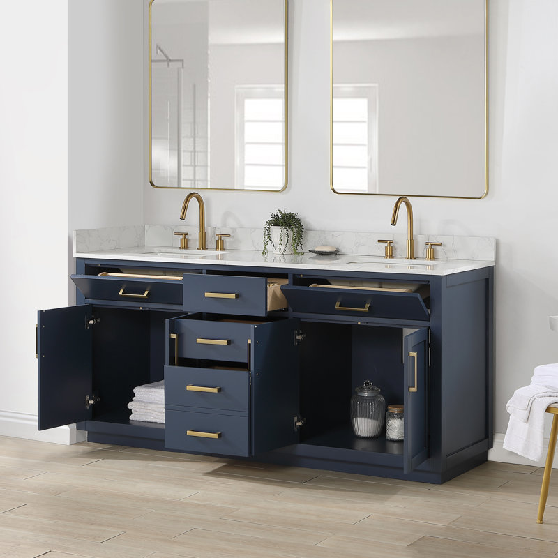 Ensemble de meuble-lavabo double 72 po Gavino, Bleu, Doré