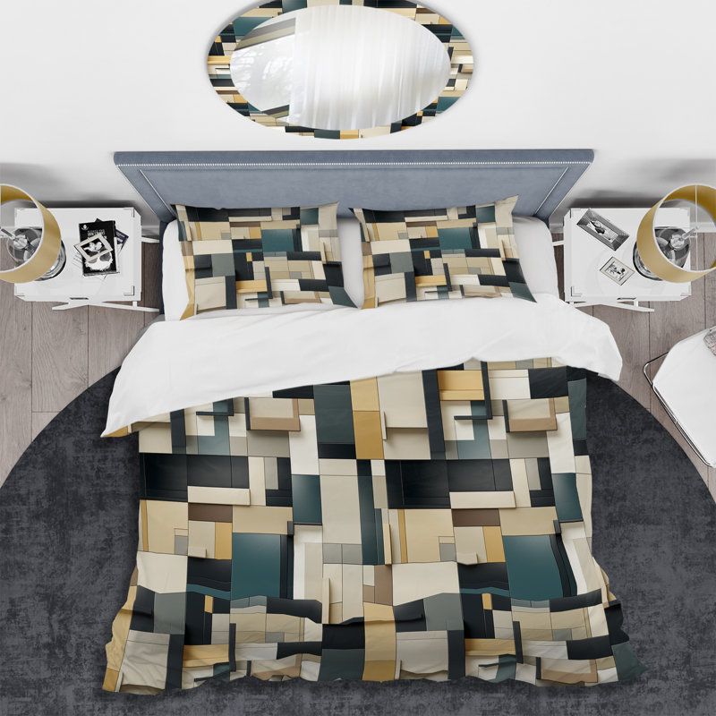 Literie taupe à blocs géométriques Harmony I, Housse de couette pour très grand lit et 2 très