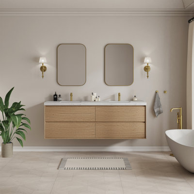 Solenne 72 In. Double Sink Wall Mounted Floating Bath Vanity In Natural Oak With White Carrara Engineered Stone Top