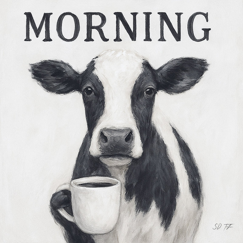 Art matinal - Vache avec toile café