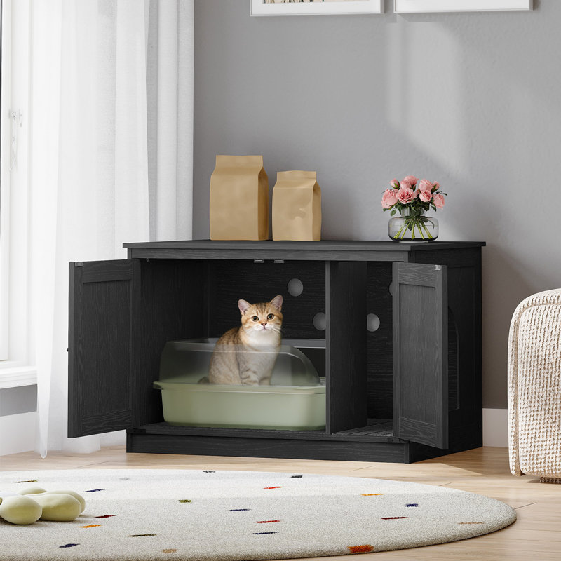 Enceinte de litière pour chat avec coussin, meuble de litière caché avec séparateurs amovibles, entrée réversible à gauche ou à droite, maisonnette pour chat, noir