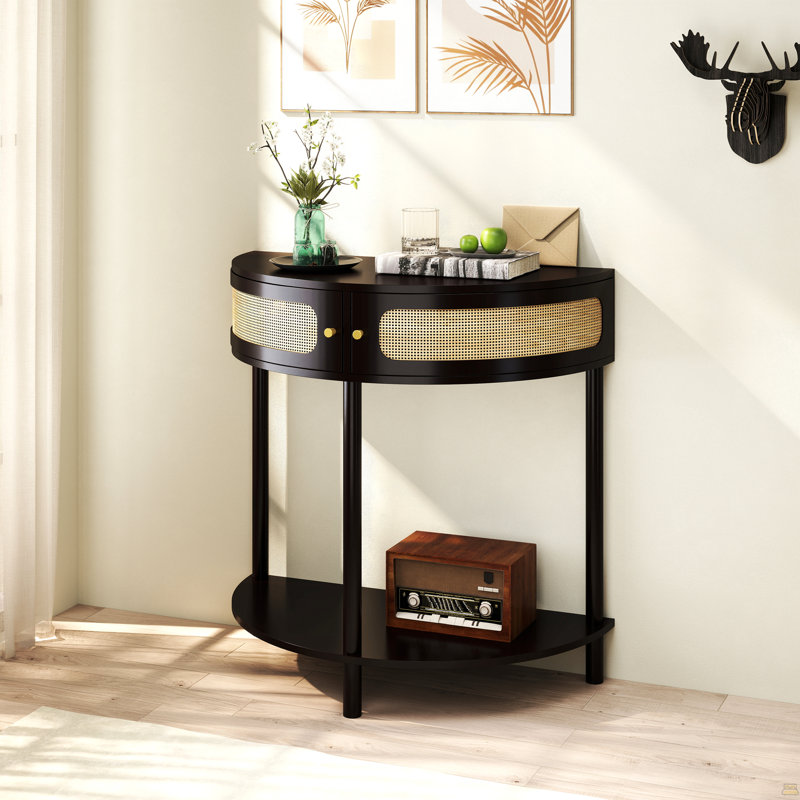 Table de bout unique en demi-lune avec porte coulissante en rotin, console élégante en demi-cercle avec 2 armoires de rangement en rotin et tablette inférieure pour le salon, la chambre à coucher, le bureau, le couloir (noir)