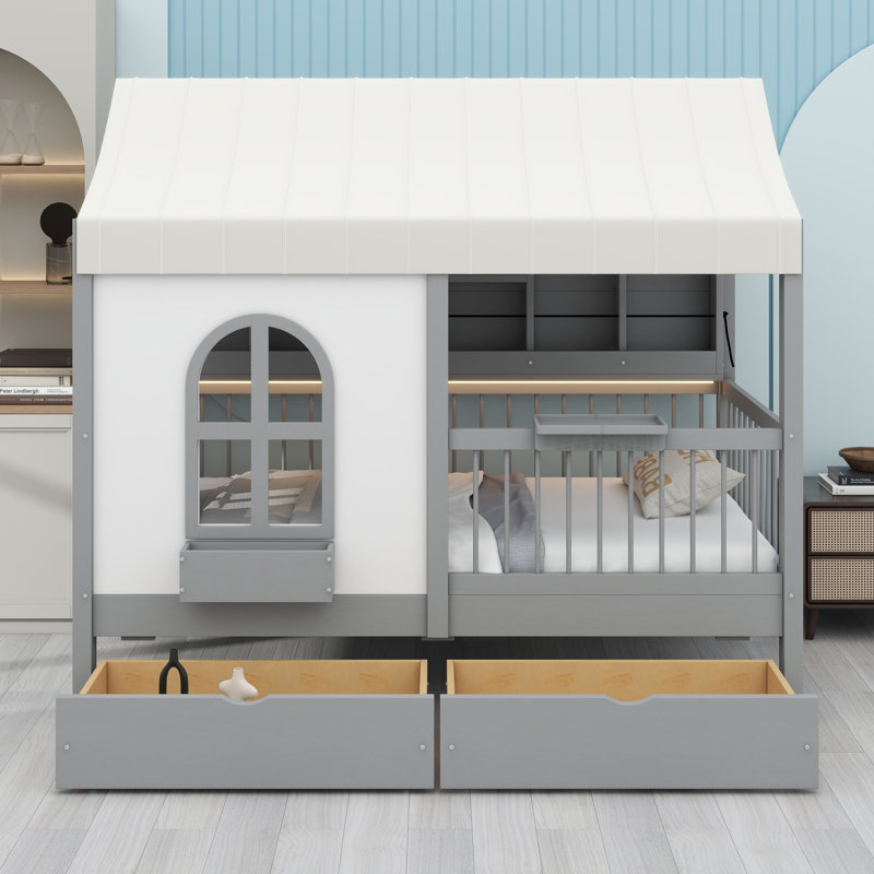 Lit maison avec tiroirs de rangement, tablettes latérales et éclairage à DEL