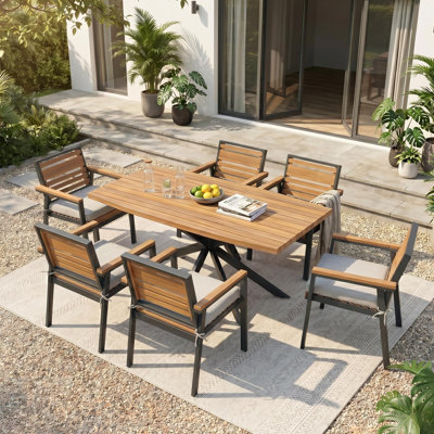 7 - Piece Patio Dining Set, Acacia Wood & Metal Frame, Cushioned Seating, Classic American, Outdoor Use