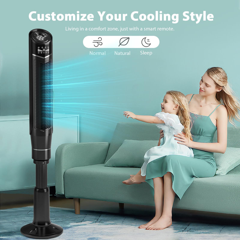 Tower Fan 59” Portable With Oscillation Remote Control, Adjustable height（0-7in）,8 Powerful Wind Speed And 3Modes Setting, Built In 24 H Timer Led Display Compact Standing Fan