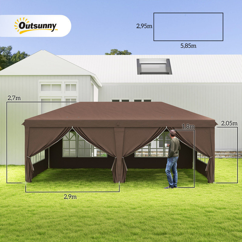 3 x 6m Pop-Up Marquee Tent, Adjustable Height Gazebo with Sides, Windows & Carry Bag, Brown