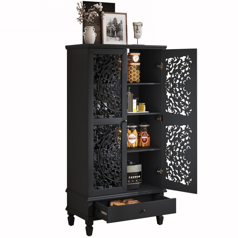 Anadia 55'' Tall Accent Cabinet with Openwork Carving Door and Solid Wood Legs Storage 2-Door Carved Wood Buffet Cabinet With Drawer