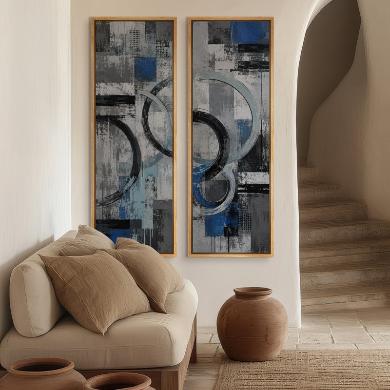 Cercle géométrique abstrait bleu et noir – Ensemble de 2 impressions murales encadrées sur toile 60 po x 20 po x 2