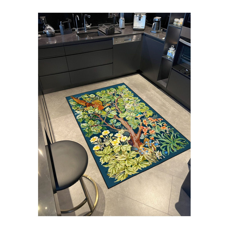 Tapis décoratif bleu à motif d'arbre lavable à la machine, Sous-tapis rectangulaire de 3 pi 3 po x 4 pi 11 po