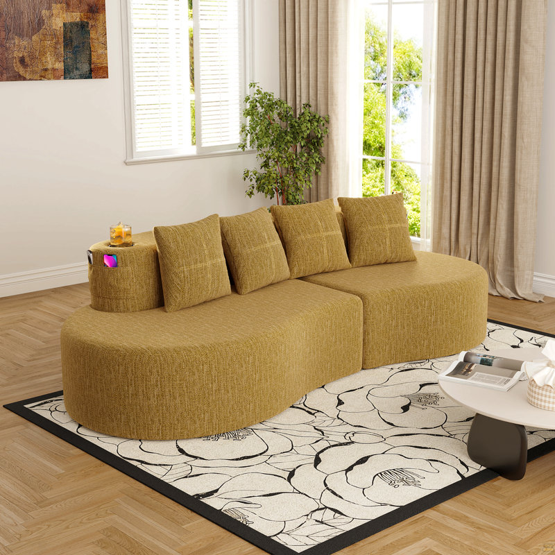 Canapé modulaire incurvé moderne 3 places, Chenille jaune, Jaune