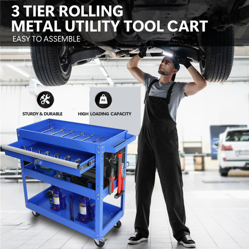 3 Tier Rolling Tool Cart, Heavy Duty Utility Cart Tool Organizer with Storage Drawer, Blue