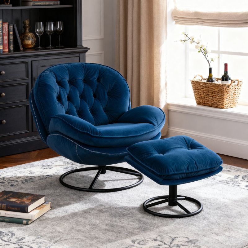 Fauteuil d'appoint avec repose-pieds Anouk, Velours bleu