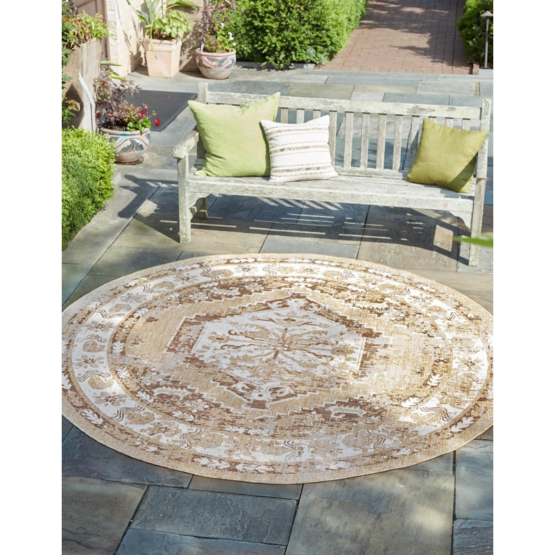 Tapis intérieur / extérieur en polypropylène tissé à la machine Oriental, Rond 7 pi 10 po